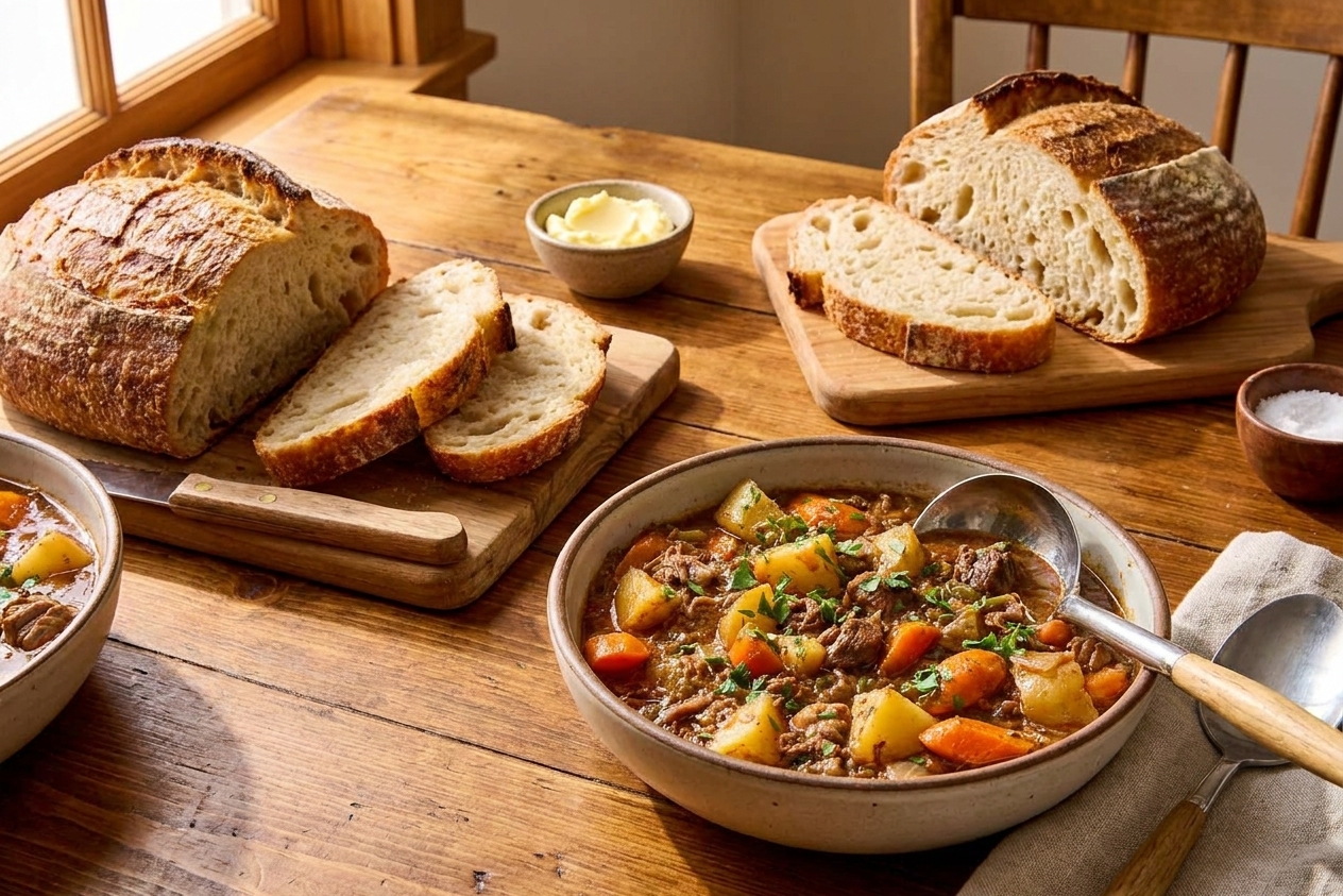A cozy dinner table with bowls of beef and vegetable stew and a loaf of crusty bread for dipping