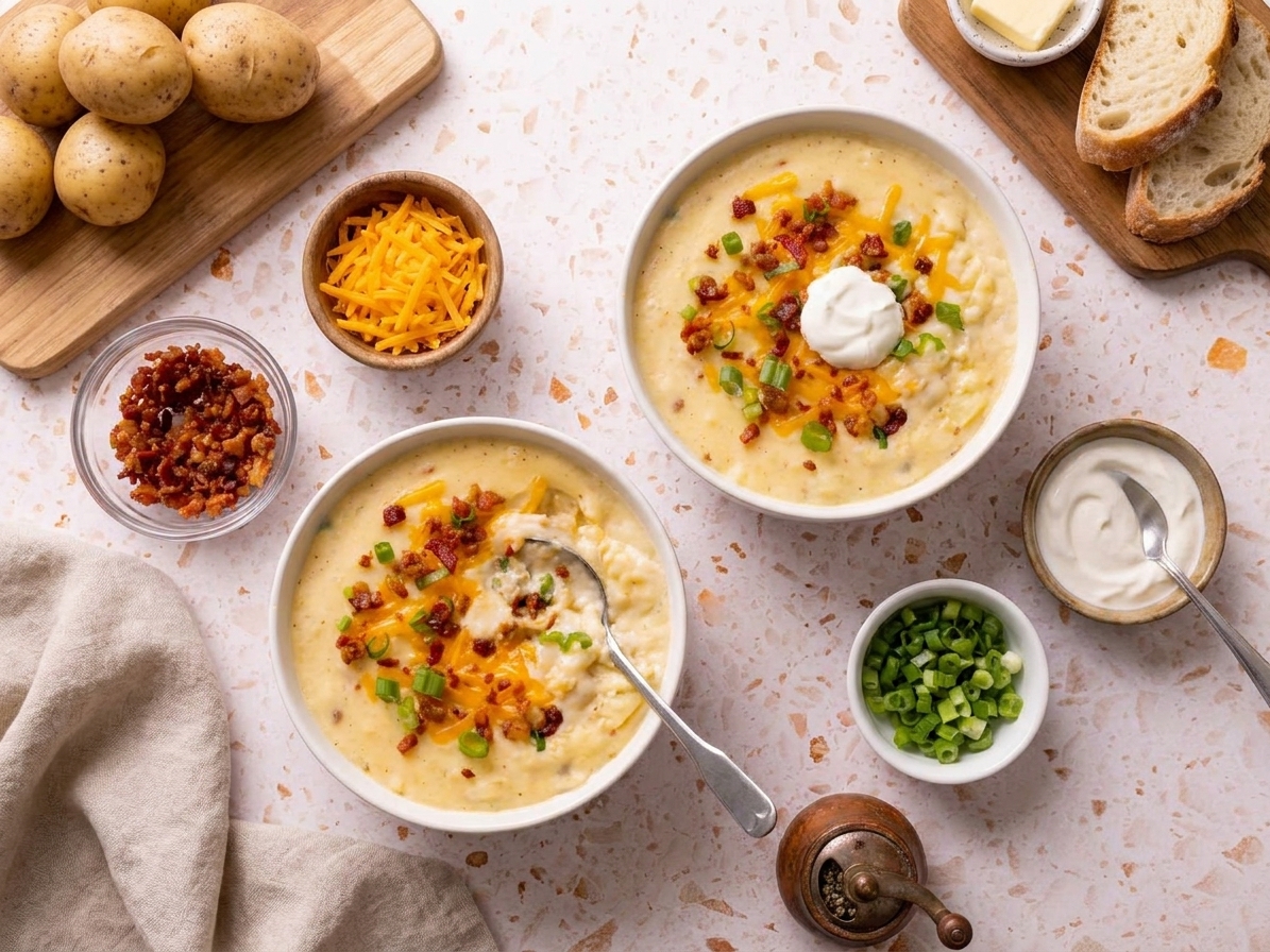 A cozy dinner table with bowls of potato soup and small dishes of toppings like shredded cheese, bacon, sour cream, and sliced green onions