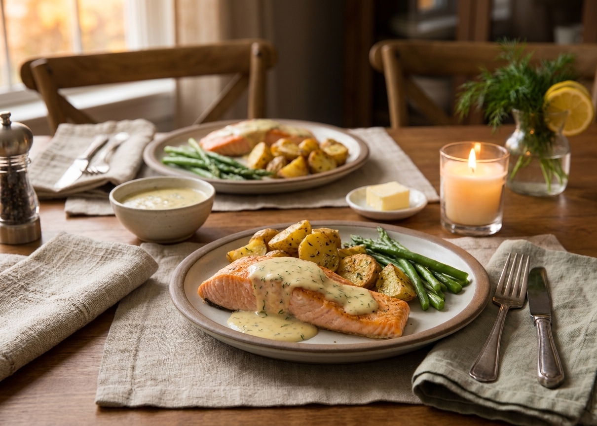 A cozy dinner table with plated salmon in creamy sauce, roasted potatoes, and a simple green vegetable side, with linen napkins and warm lighting