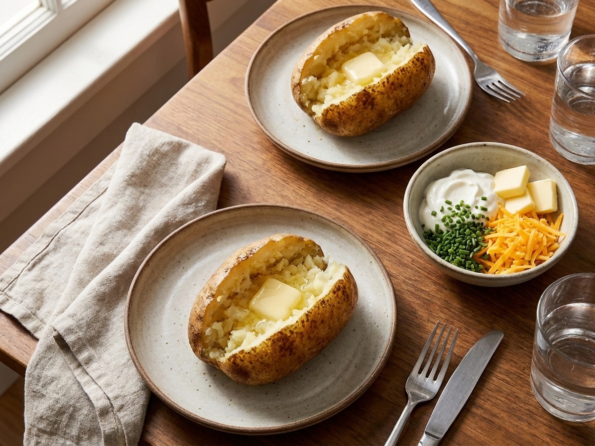 A cozy dinner table with two baked potatoes on plates alongside a small bowl of sour cream, chopped chives, shredded cheese, and butter