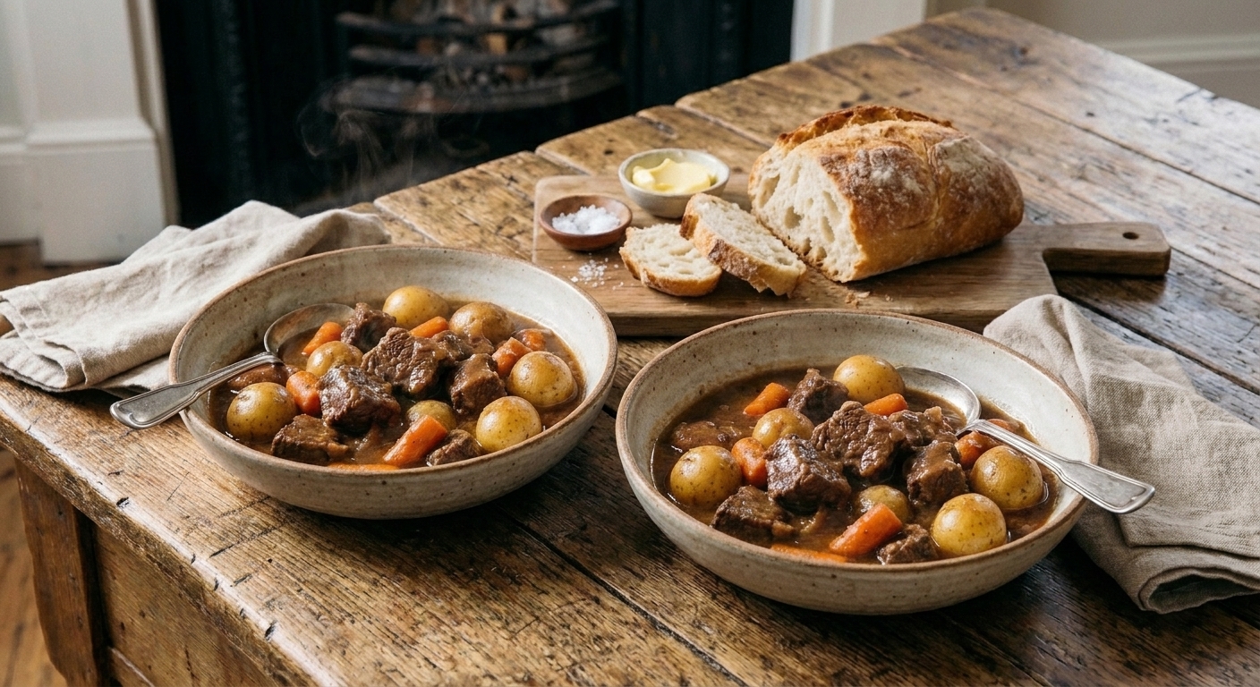 A cozy dinner table with two bowls of beef stew, a loaf of crusty bread, and simple linen napkins under warm lighting