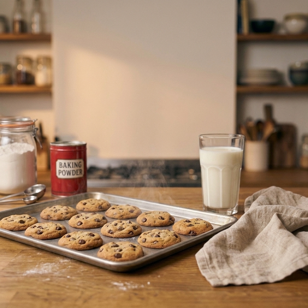 A cozy kitchen counter scene with a baking sheet of cookies cooling next to a glass of milk and a folded linen towel
