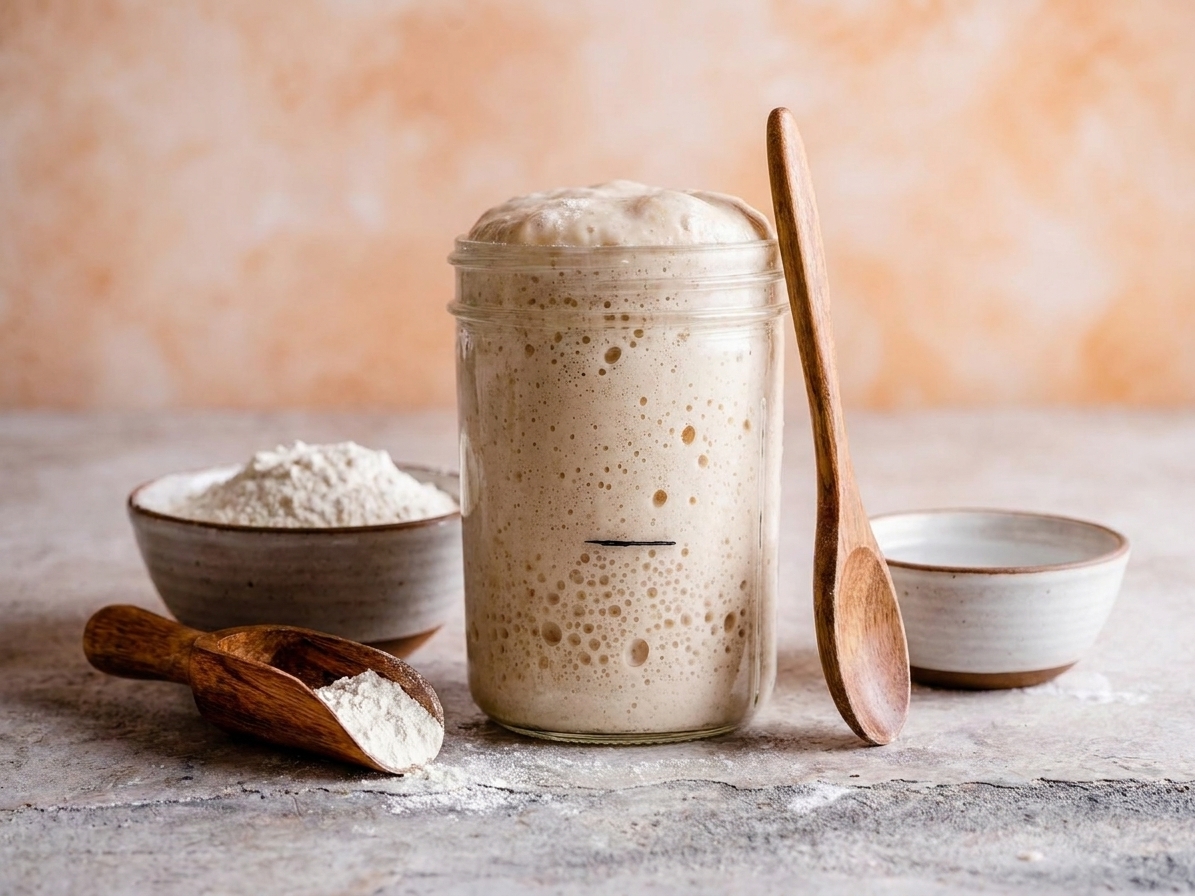 A cozy kitchen counter scene with a jar of active sourdough starter, a wooden spoon, and a bowl of flour ready for feeding
