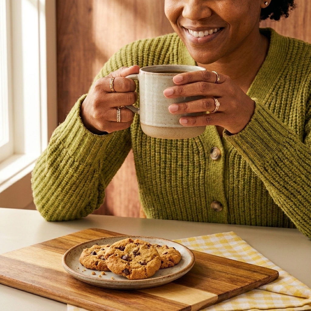 A cozy table setting with a small plate of keto cookies and a cup of coffee in warm natural light