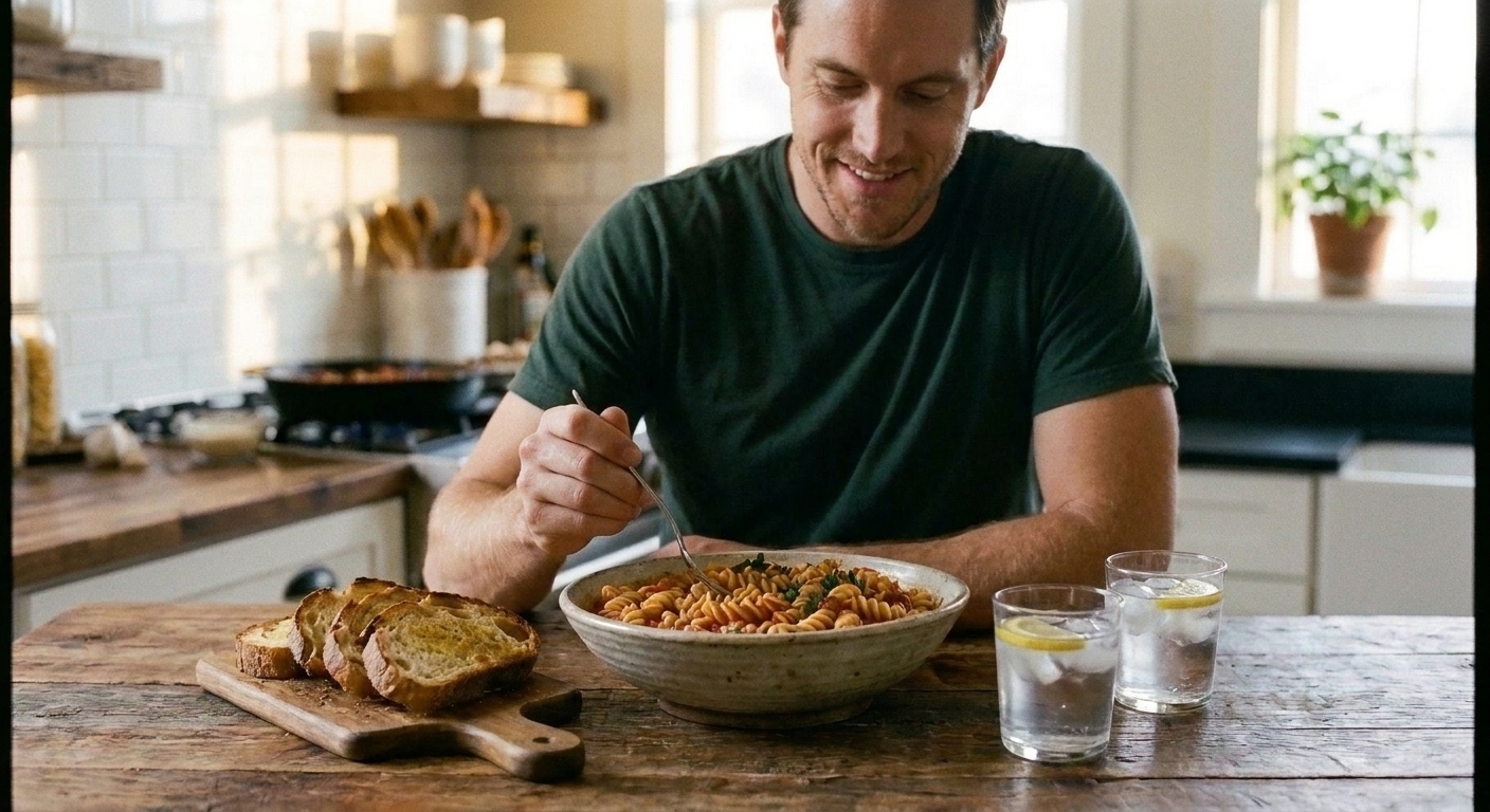 A cozy weeknight dinner table set with a bowl of pasta, a side of toast, and two glasses of water in warm evening light