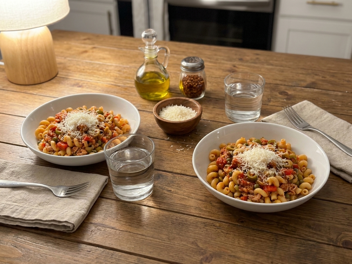 A cozy weeknight table setting with two bowls of pasta, glasses of water, and a simple linen napkin on a wooden table