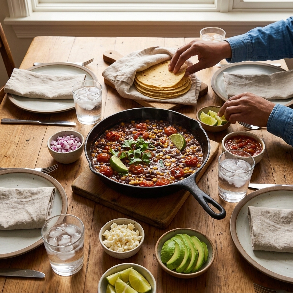 A cozy weeknight table setting with warm tortillas, a skillet of black beans, bowls of toppings, and glasses of water ready for family dinner