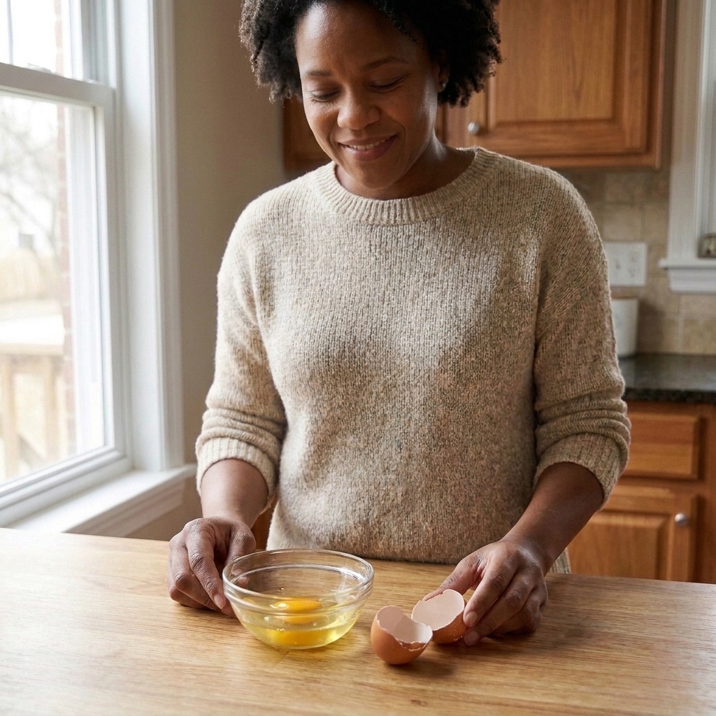 A cracked egg with the yolk resting in a small glass bowl on a kitchen counter next to the empty eggshell