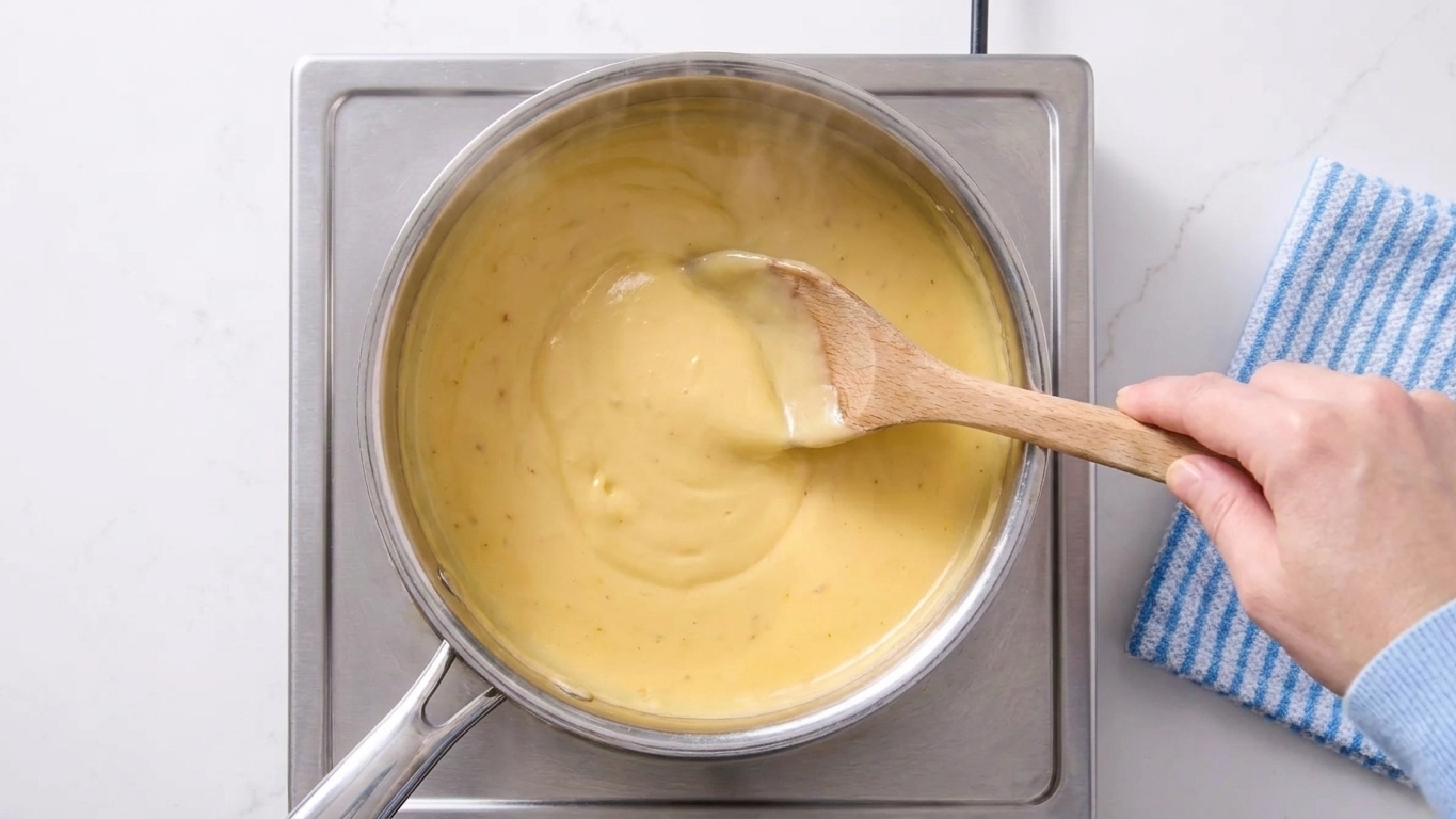 A creamy cheddar cheese sauce being stirred in a small saucepan on the stove with a wooden spoon