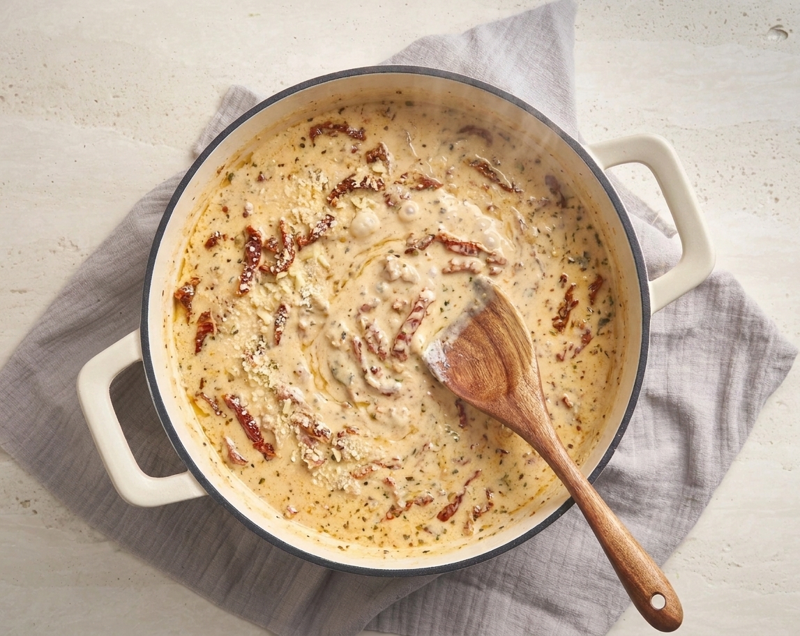 A creamy garlic Parmesan sauce being stirred in a skillet with visible sun-dried tomato pieces