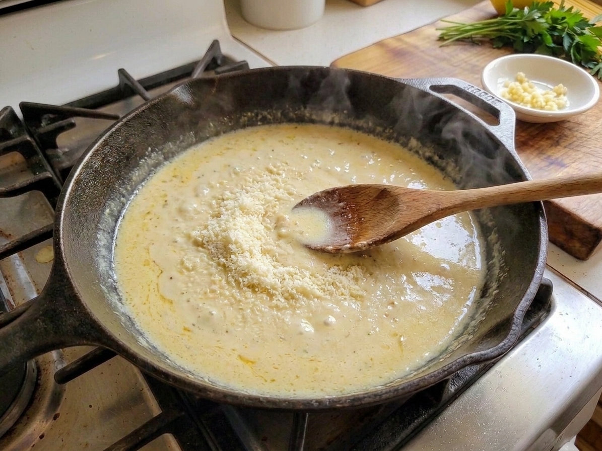 A creamy sauce in a skillet as grated Parmesan is stirred in until silky and smooth