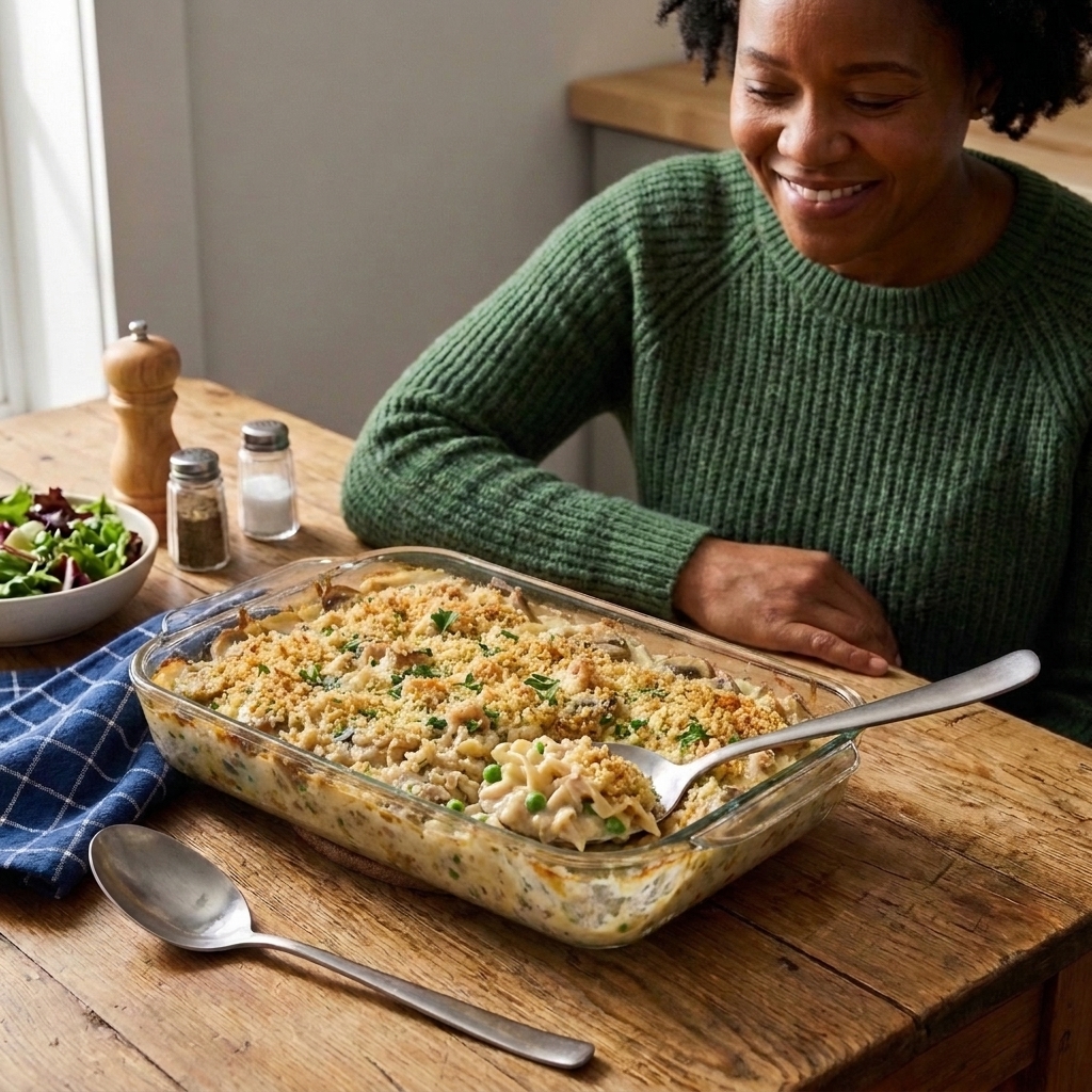 A creamy tuna noodle casserole in a baking dish with peas and a lightly browned topping