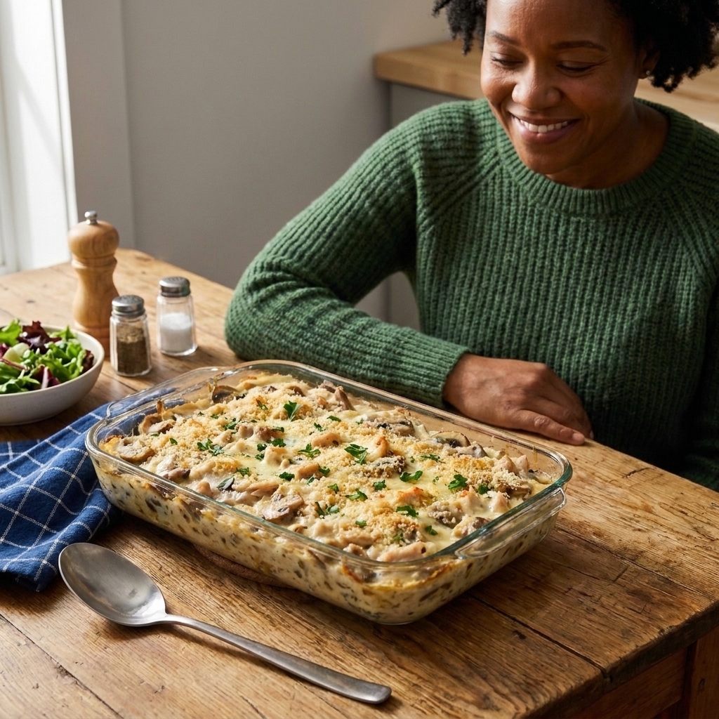 A creamy turkey tetrazzini casserole in a baking dish with mushrooms and a lightly browned topping