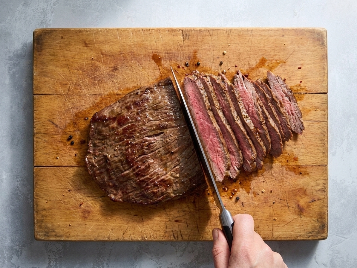 A cutting board with a flank steak being sliced thinly against the grain with a chef's knife