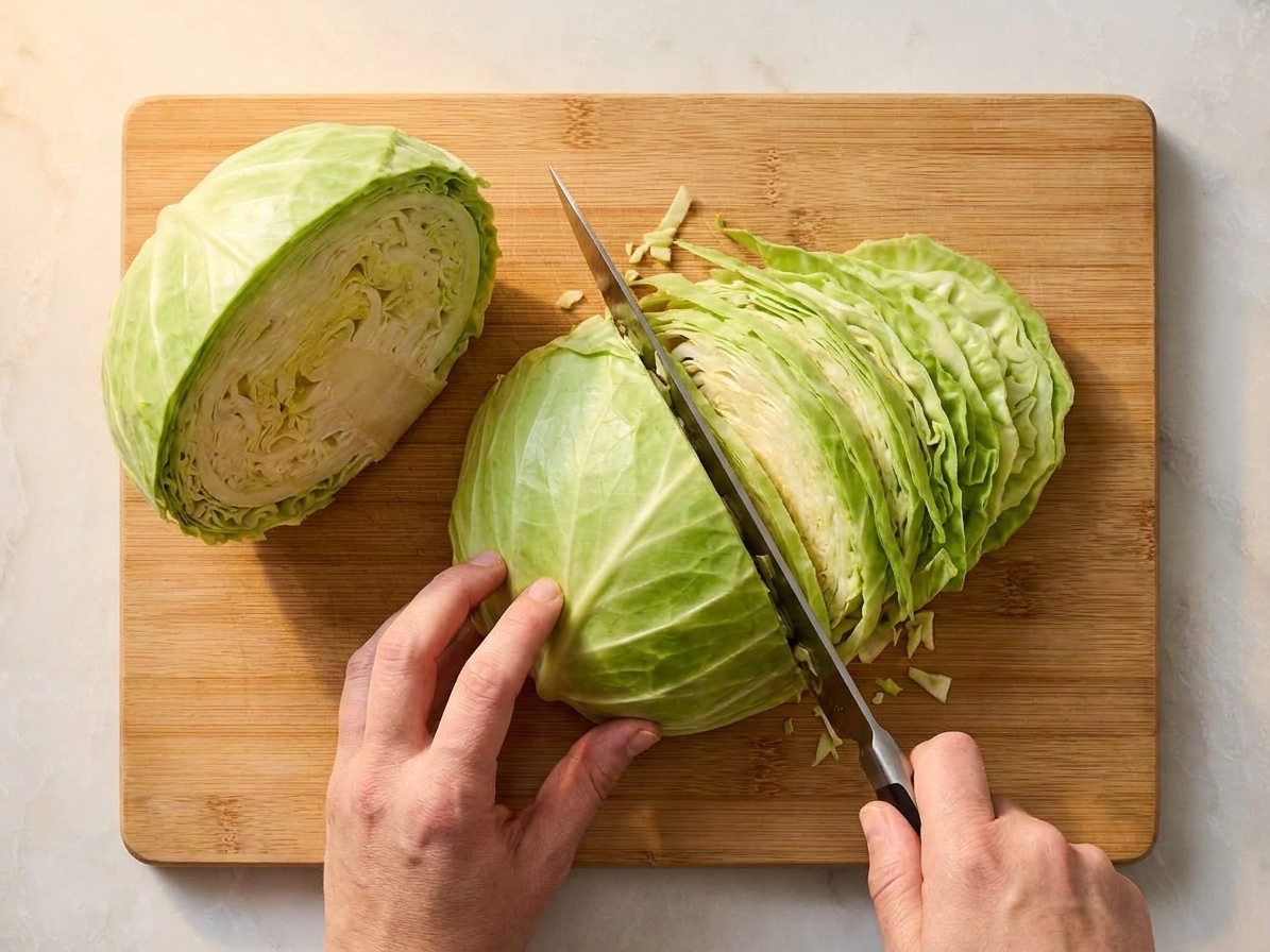 A cutting board with a halved green cabbage being sliced into thin ribbons with a chef's knife