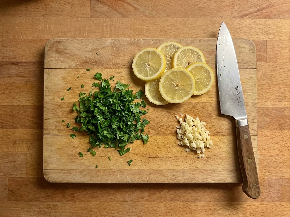 A cutting board with freshly chopped parsley, sliced lemon, and minced garlic next to a chef's knife, ready for finishing a skillet meal
