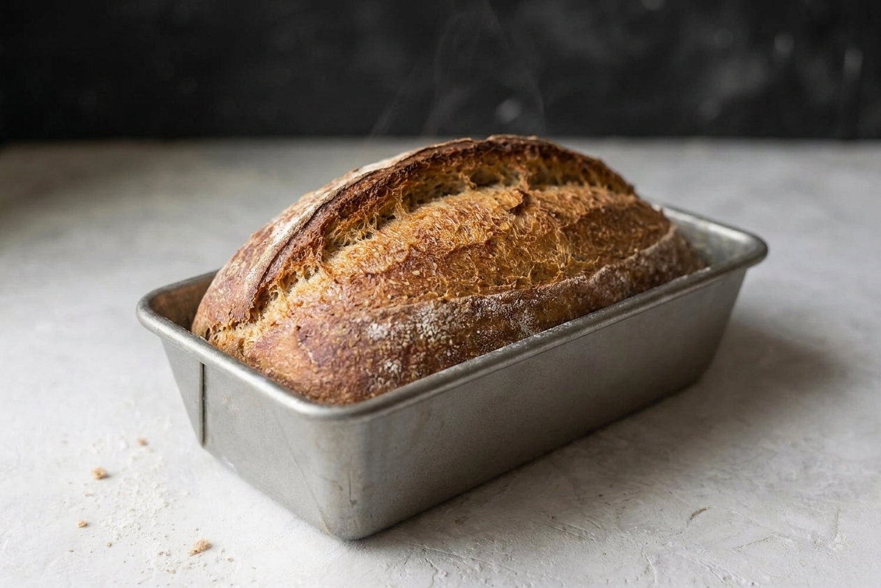 A deeply golden loaf of wheat bread sitting in a loaf pan just out of the oven
