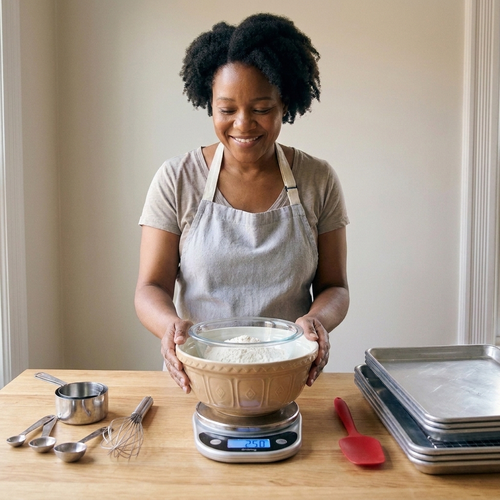 A digital kitchen scale with a mixing bowl on top displaying a gram readout