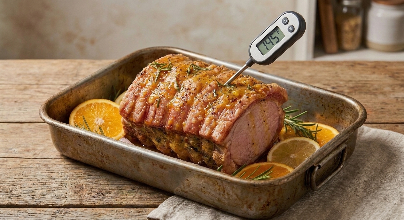 A digital thermometer inserted into the center of a roasted pork loin showing temperature while the roast rests in a pan