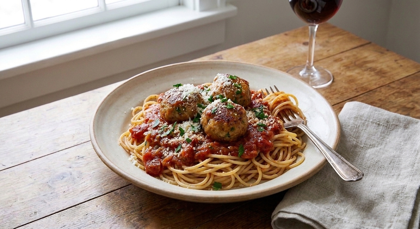A dinner plate of spaghetti topped with three meatballs and marinara sauce, with grated parmesan and a fork resting on the plate