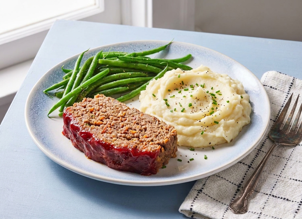 A dinner plate with a slice of meatloaf topped with glaze, creamy mashed potatoes, and green beans on the side