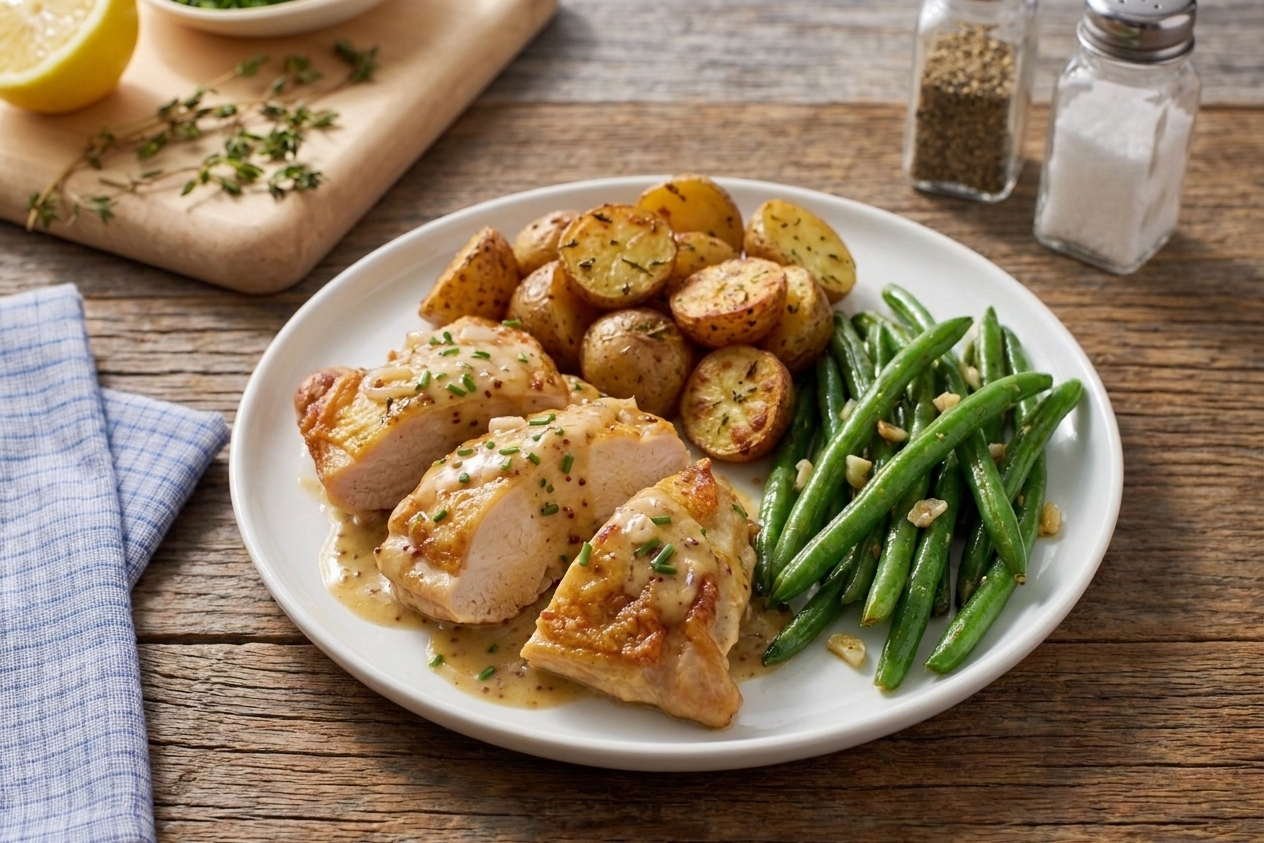 A dinner plate with sliced honey mustard chicken glazed in sauce served with roasted potatoes and green beans