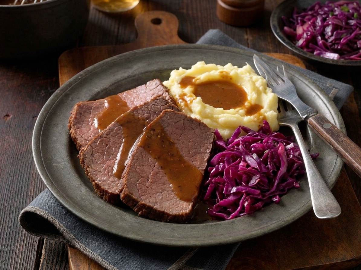 A dinner plate with sliced sauerbraten, red cabbage, and buttery mashed potatoes with gravy