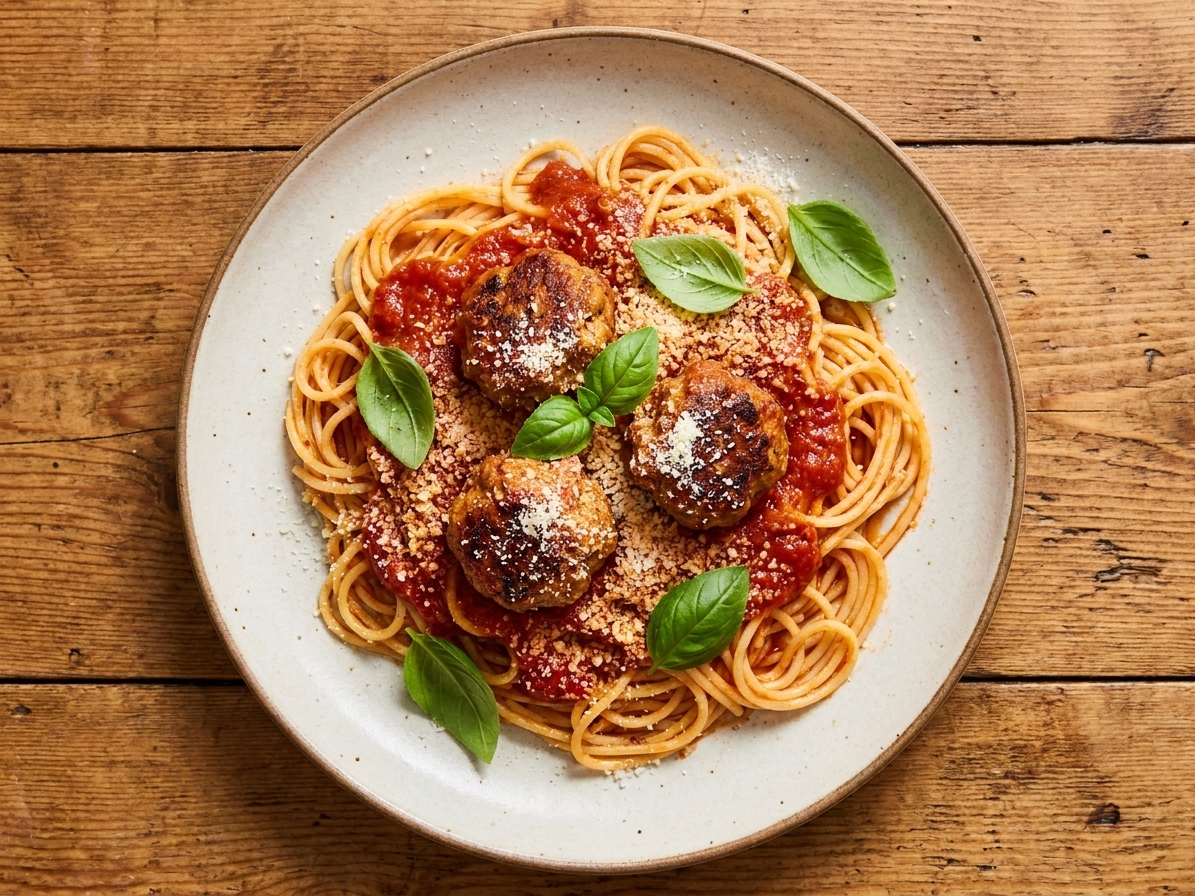 A dinner plate with spaghetti topped with marinara and three meatballs, finished with parmesan and basil on a wooden table