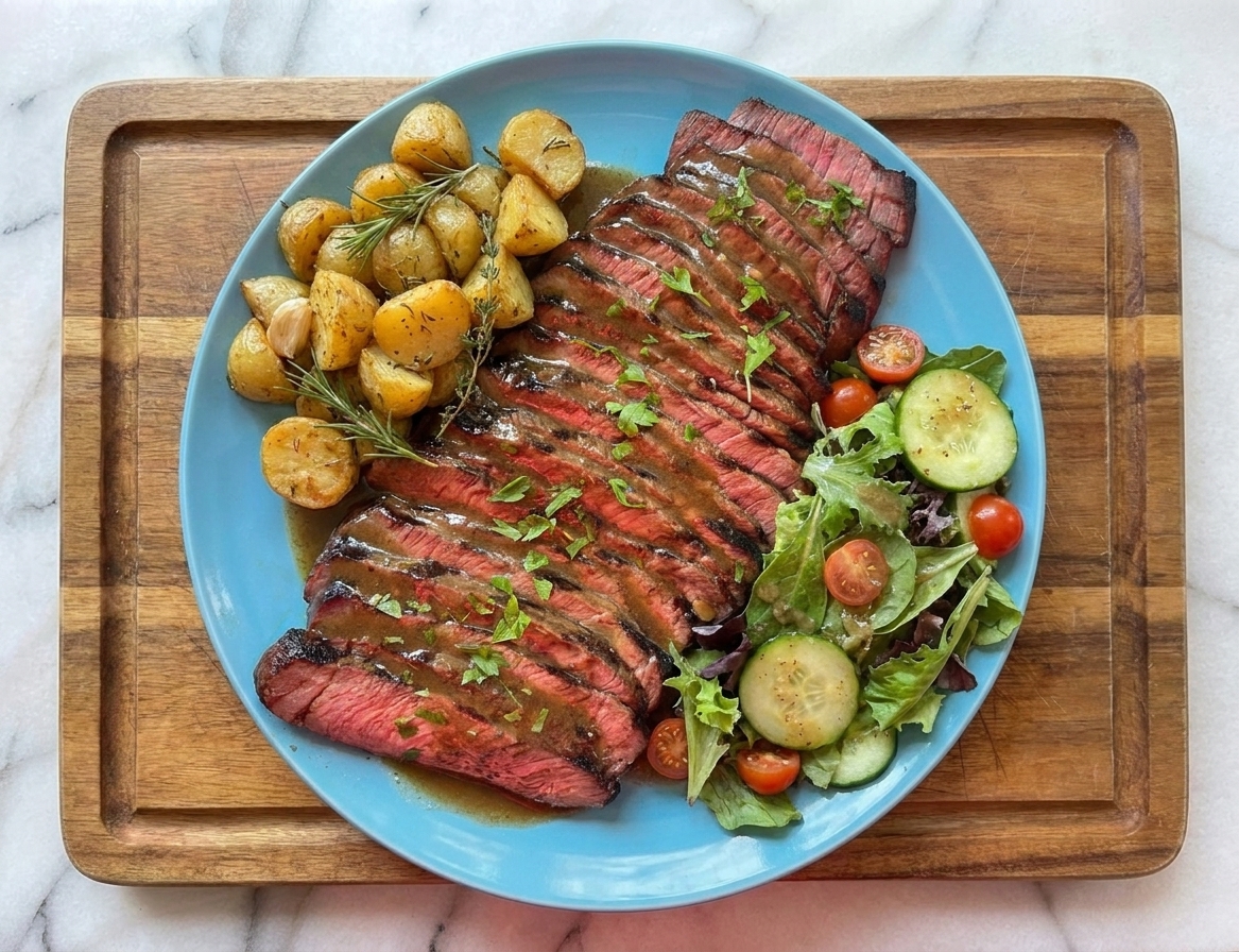 A dinner plate with thin slices of London broil, roasted potatoes, and a simple green salad on the side