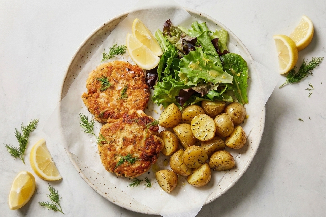 A dinner plate with two salmon patties, roasted potatoes, and a simple green salad with lemon vinaigrette