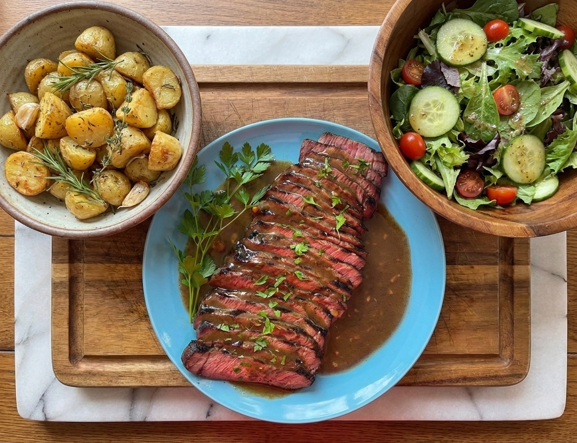 A dinner spread with a platter of sliced London broil alongside roasted potatoes and a bowl of green salad