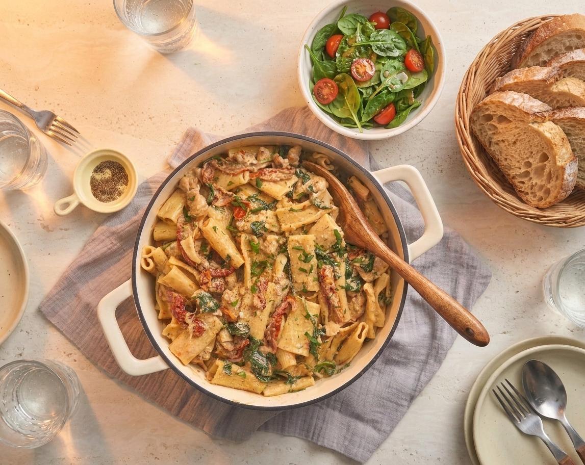 A dinner table set with a bowl of Tuscan chicken pasta, a small green salad, and a basket of bread in warm evening light