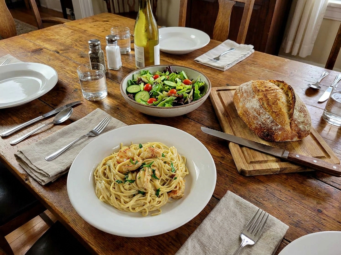 A dinner table set with a bowl of creamy shrimp pasta, a simple green salad, and a loaf of crusty bread