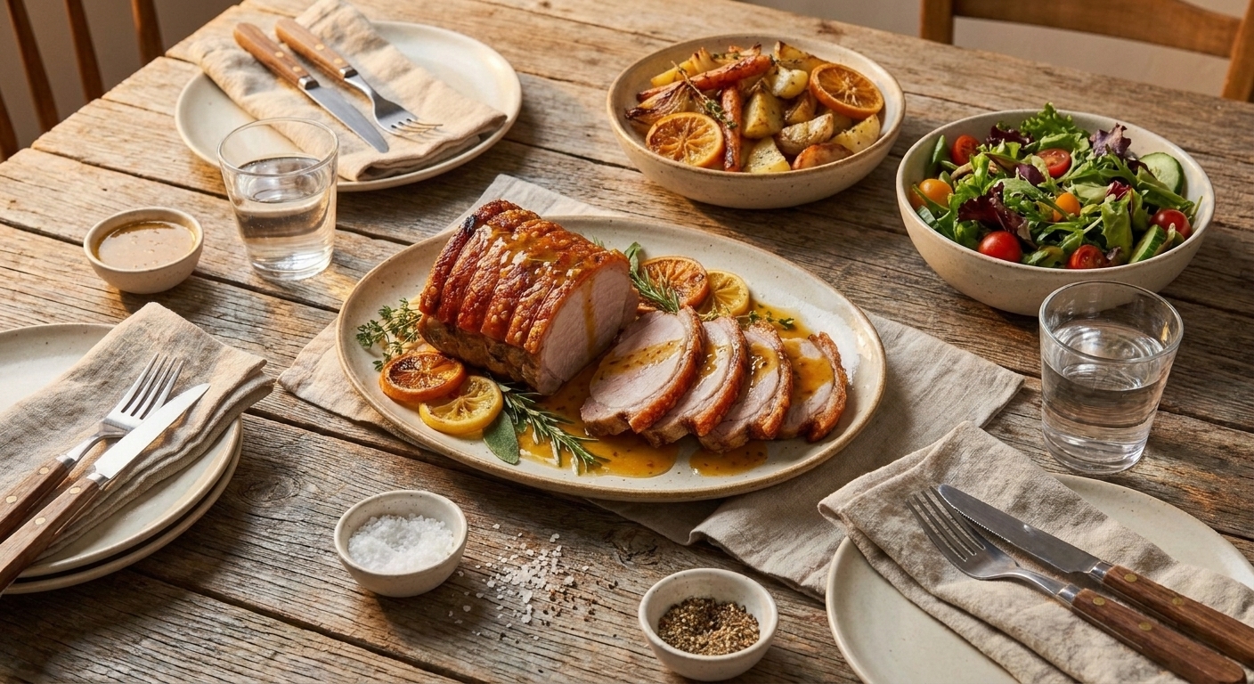 A dinner table set with a platter of sliced citrus pork roast, a bowl of roasted potatoes, a green salad, and glasses of water in warm evening light