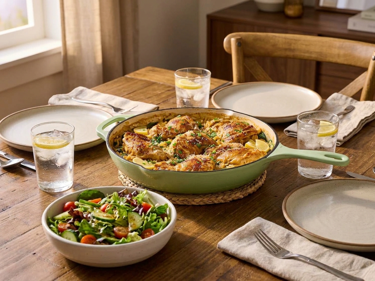 A dinner table set with a skillet of citrus chicken and creamy orzo, small salad bowl, and glasses of water