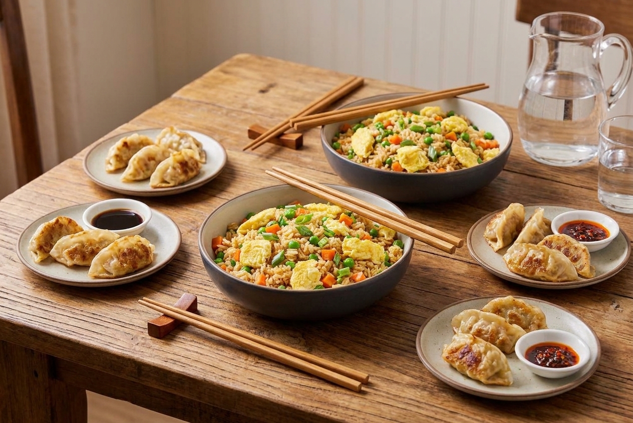 A dinner table set with bowls of fried rice, small plates of dumplings, and chopsticks, ready to serve