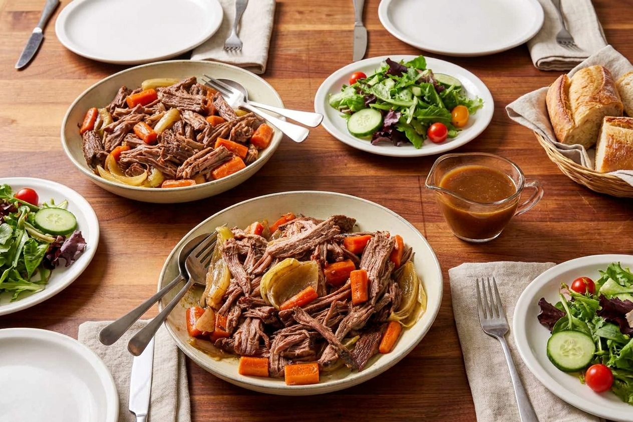 A dinner table set with bowls of pot roast, a small gravy boat, bread, and plates of simple green salad ready for serving
