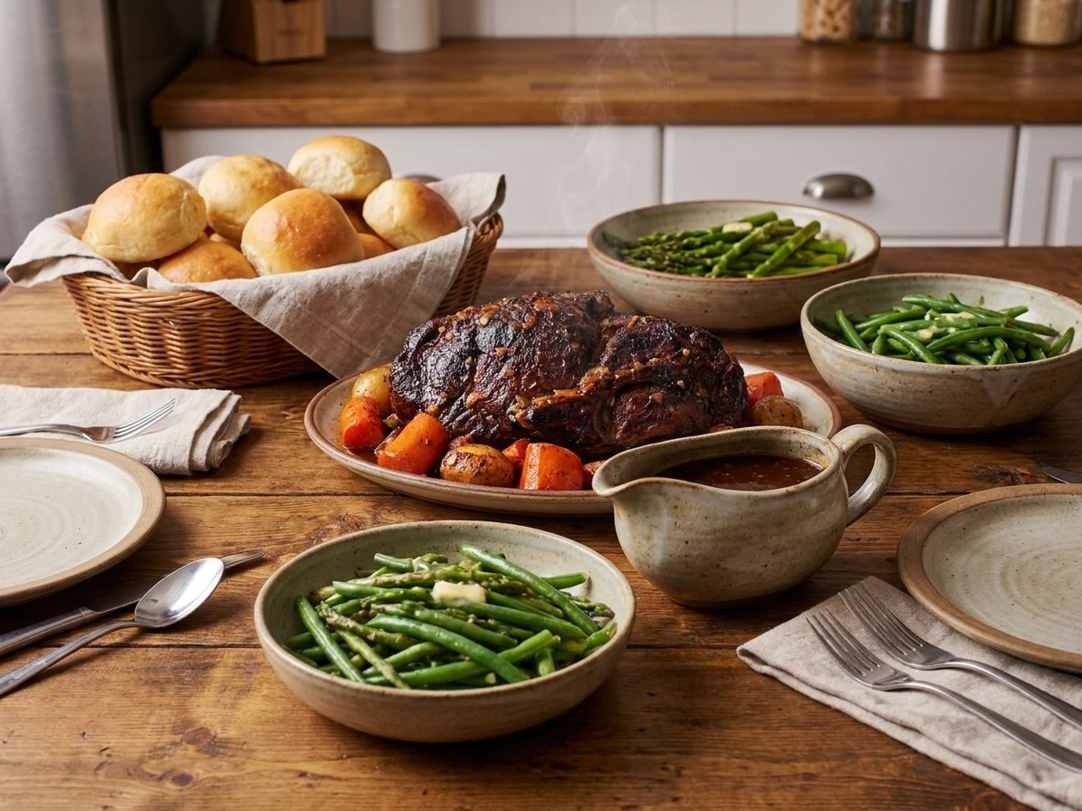 A dinner table set with plates of pork roast, a gravy boat, a bread basket, and simple green vegetables in serving bowls