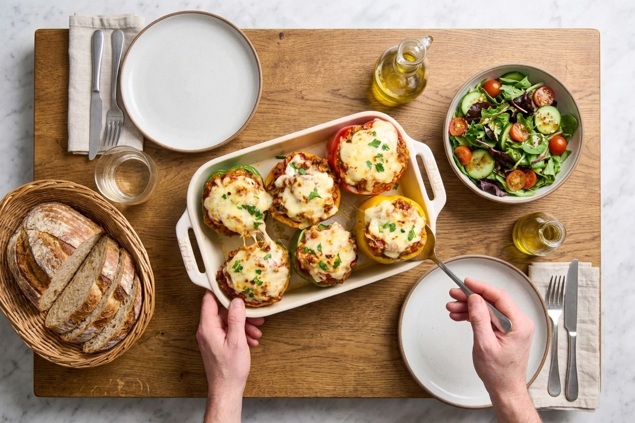 A dinner table set with stuffed bell peppers, a green salad in a bowl, and a basket of bread, ready to serve