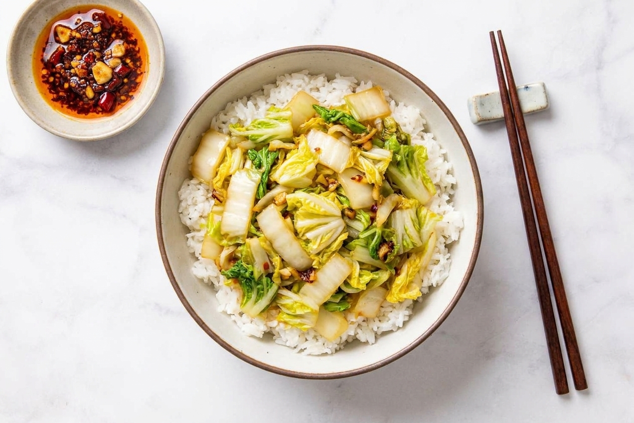 A dinner table setting with a bowl of Napa cabbage stir-fry served over rice, chopsticks on the side, and a small dish of chili crisp