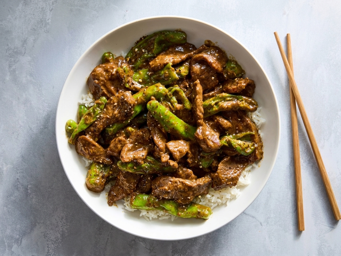 A dinner table setting with a bowl of beef stir fry served over white rice, chopsticks resting on the side