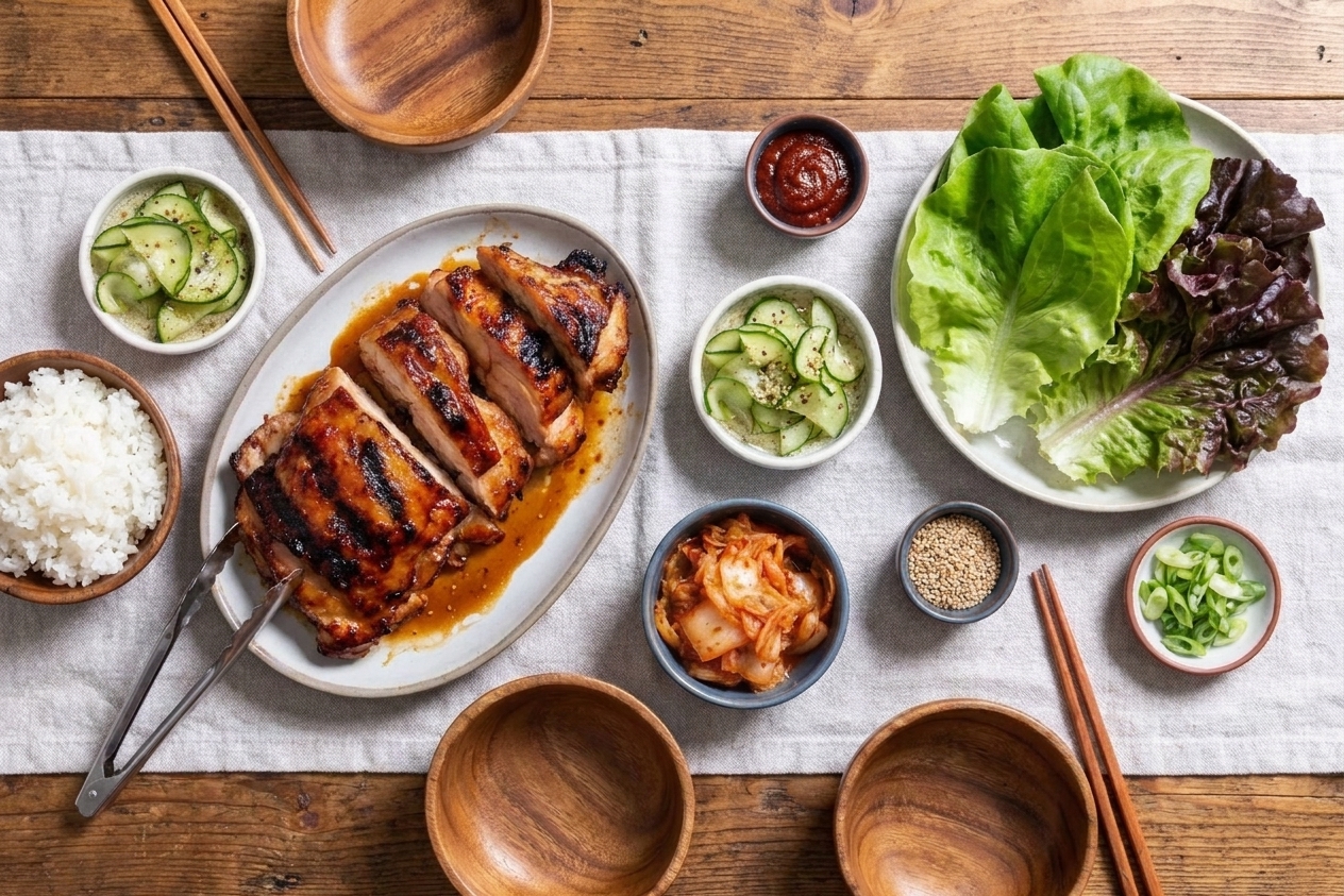 A dinner table setting with lettuce leaves, sliced Korean BBQ chicken, bowls of rice, kimchi, and cucumbers ready for DIY lettuce wraps