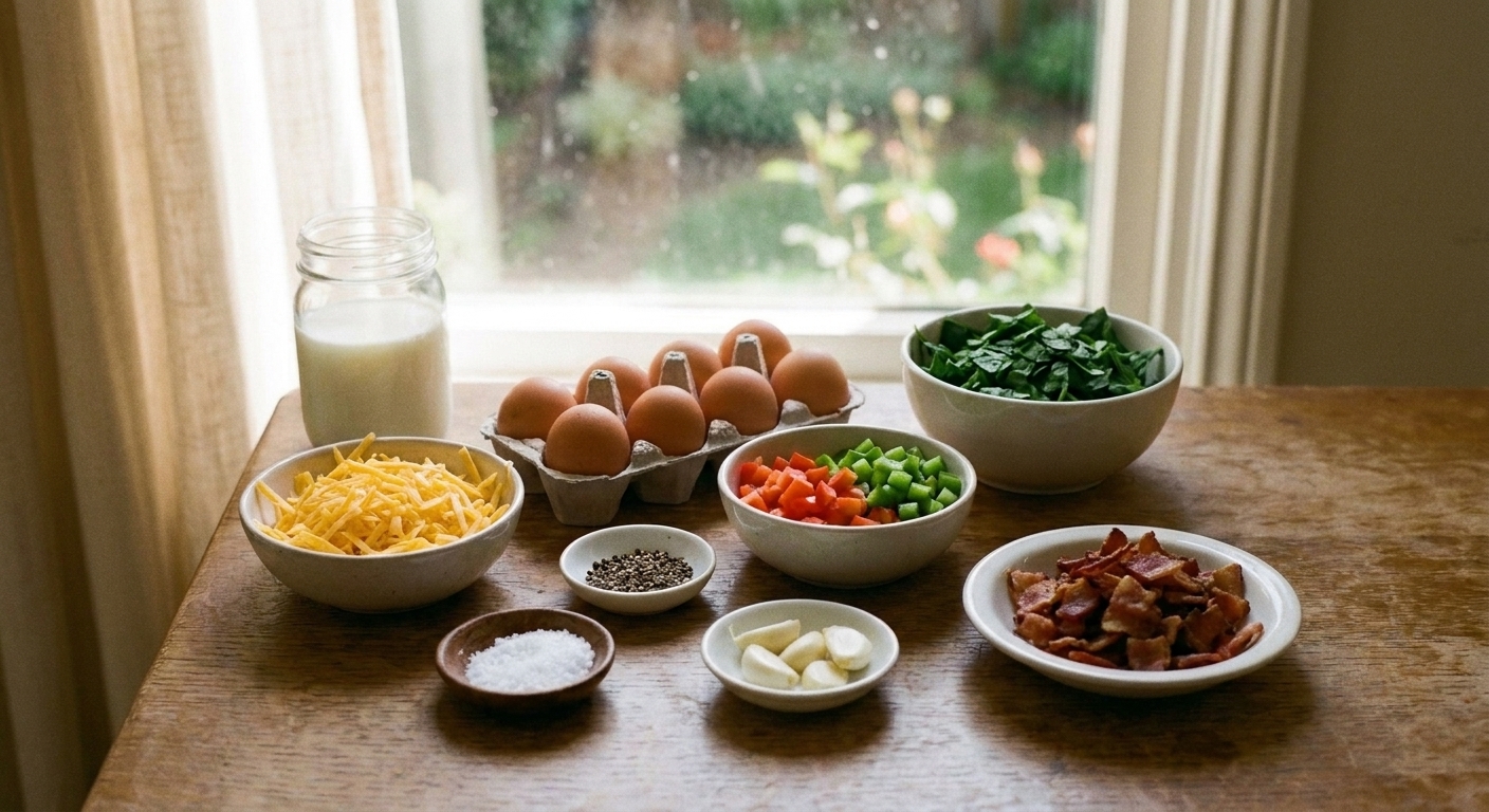 A dozen eggs, milk, shredded cheddar, diced bell pepper, chopped spinach, cooked bacon pieces, salt, pepper, and garlic on a wooden kitchen counter