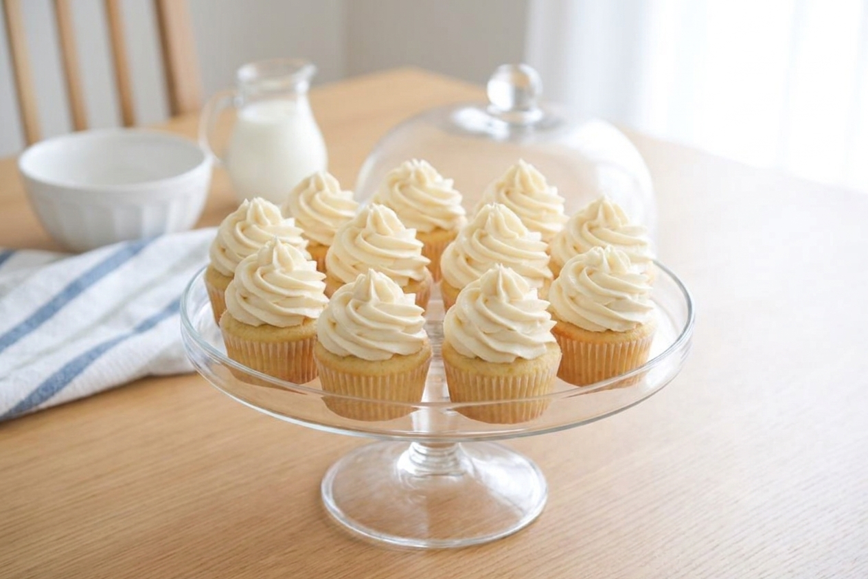 A dozen vanilla cupcakes topped with tall swirls of vanilla buttercream on a simple cake stand on a dining table