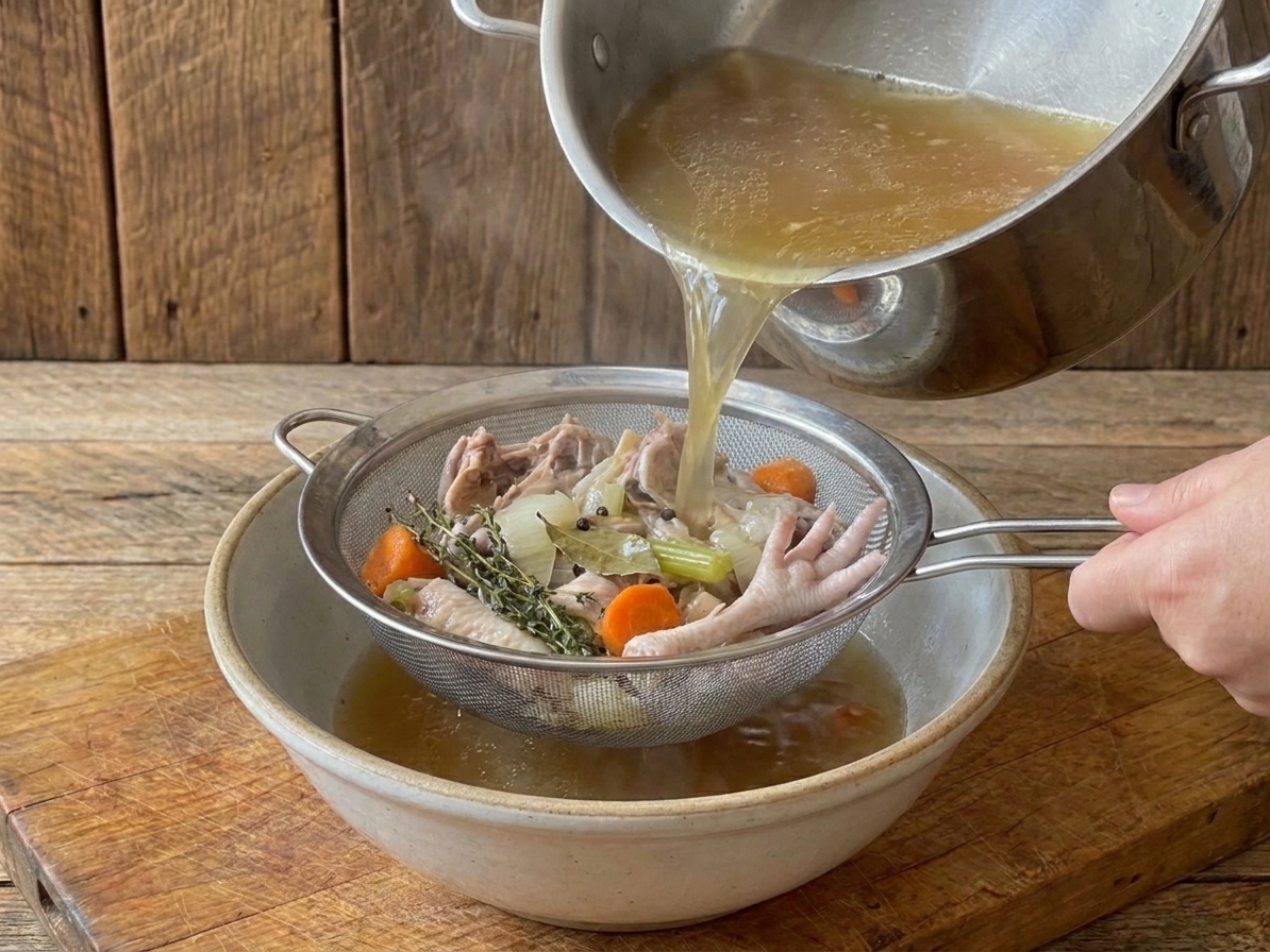 A fine mesh strainer set over a large bowl as hot chicken bone broth is being poured through, with bones visible in the strainer
