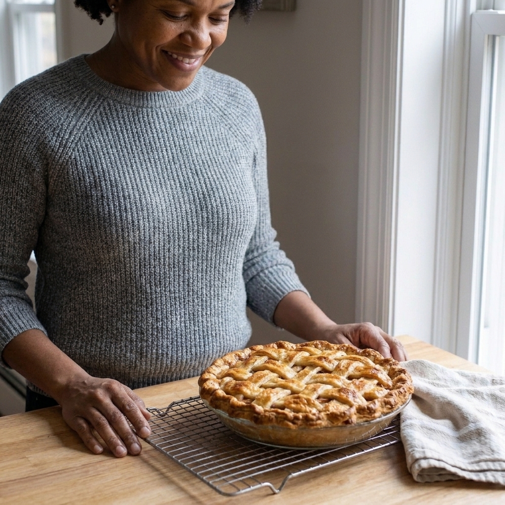 A finished pie with a deeply golden, flaky crust cooling on a rack
