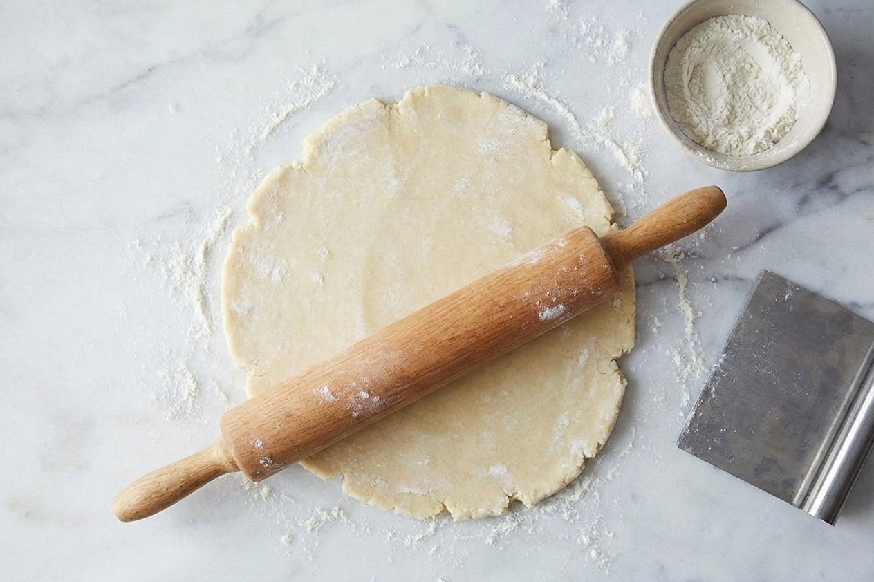 A floured countertop with a chilled pie dough disk being rolled into a circle with a wooden rolling pin