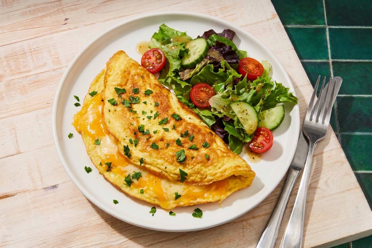 A fluffy cheese omelet on a plate with a small green salad on the side