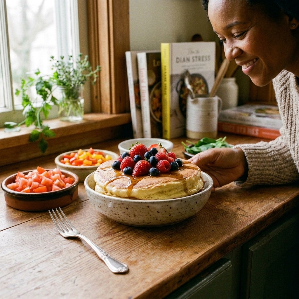 A fluffy pancake-like cake cooked in a bowl and topped with fresh berries and a drizzle of maple syrup