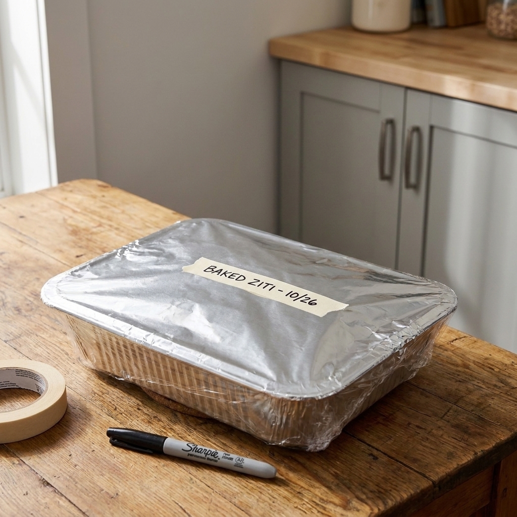 A foil baking pan tightly wrapped with plastic wrap and foil on a kitchen counter next to a permanent marker and masking tape for labeling